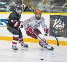  ?? BOB TYMCZYSZYN TORSTAR ?? Luca Testa, right, the first player from Niagara region selected in the Ontario Hockey League draft, has five goals and 18 assists in 12 playoff games with the St. Catharines Falcons since being called up from the under-16 Niagara North Stars. He was taken by the London Knights in the first round of the draft.