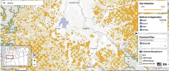  ?? SCREENSHOT FROM BEYOND TOXICS’ FERNS PESTICIDE APPLICATIO­N MAP ?? A map created by Beyond Toxics and University of Oregon shows pesticides have seen heavy use in rural parts of western Oregon.