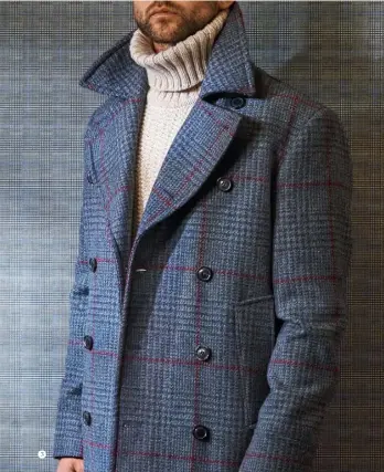  ??  ?? 1. Brown/blue check Cheviot wool coat, £1,300; blue check wool suit, £1,560; purple/blue/white paisley silk-wool tie, £75; white cotton shirt, £165, all by Corneliani