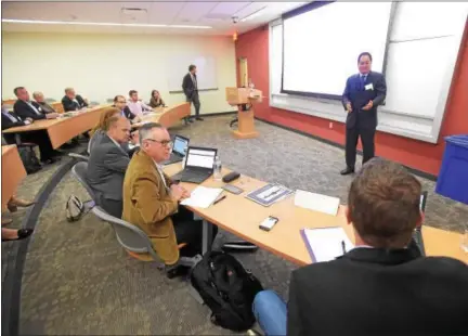  ?? PETE BANNAN — DIGITAL FIRST MEDIA ?? Geoffrey Chan pitches his idea at West Chester University’s version of “Shark Tank” on Wednesday. There were 17 finalists in four categories vying for more than $8,000 in funding at WCU’s fifth annual Business Idea Pitch Competitio­n, co-hosted by WCU’s...