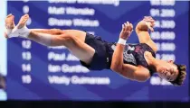  ?? AP Photo/Jeff Roberson ?? Yul Moldauer competes in the floor exercise during the men’s U.S. Olympic Gymnastics Trials on Saturday in St. Louis.