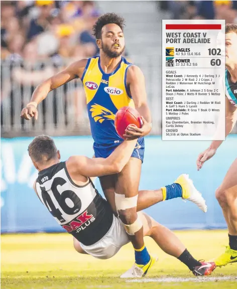  ?? Picture: AAP IMAGE/TONY McDONOUGH ?? West Coast’s Territory recruit Willie Rioli is tackled by Sam Gray of the Power during yesterday’s Round 7 match at Optus Stadium. Rioli made an impression with stints in the midfield for injured Luke Shuey