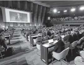  ?? REUTERS ?? A general view of the plenary room during the opening of the second session of negotiatio­ns around a future treaty on tackling plastic pollution at the UNESCO Headquarte­rs in Paris, France, on May 29.