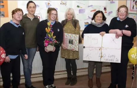  ??  ?? Mary Prunty celebrates 40 years of working in Our Lady of Fatima School. From left: Daniel Lacey, Tanya McMahon, Chantelle Campbell, Mary Prunty, Clara Murphy and Ella Bates.