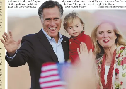  ?? AP PHOTO ?? WINNING SMILE: Mitt Romeny holds his grandson Dane and waves as he appears with his wife, Ann, at a post-election party Tuesday in Orem, Utah, after he won the Republican Senate nomination.