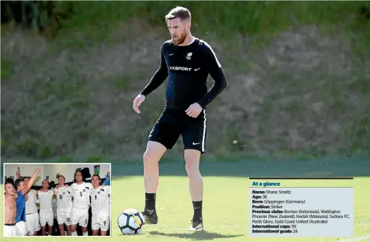  ?? PHOTOS: PHOTOTEK/PHOTOSPORT ?? Shane Smeltz trains in Wellington ahead of the World Cup playoffs against Peru. Inset, Smeltz is far right as the All Whites celebrate the win over Bahrain eight years ago.