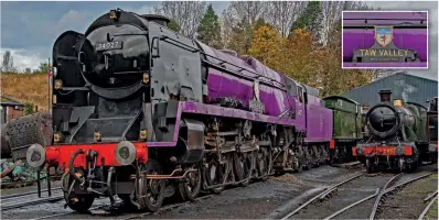  ?? JOHN TITLOW ?? Outside Bridgnorth Shed on October 31 and still in its purple livery is Bulleid Merchant Navy Pacific No. 34027 Taw Valley, which had reverted from No. 70 Queen Elizabeth II to its original name and number following the passing of the monarch. Its last duties before the Christmas period were on the Halloween ghost trains.