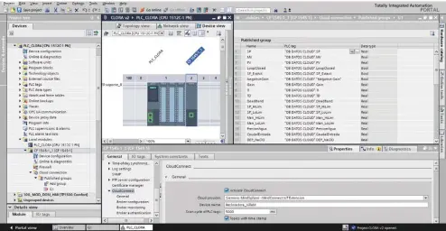 ??  ?? Configurac­ión de la comunicaci­ón con la nube del CP1545-1 en TIA Portal.