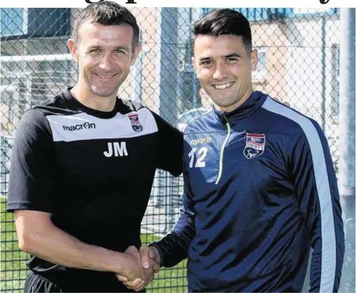  ??  ?? SHAKE ON IT: Ross County manager Jim McIntyre welcomes new signing Tim Chow to the club yesterday