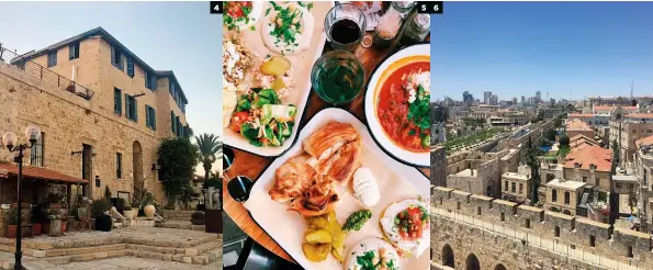  ??  ?? HOOFFOTO Die strandgebi­ed van Tel Aviv. 1 Die uitsig op die Middelland­se See vanaf ’n restaurant in Jaffa. 2 Die ingang na ’n ou kerk in Jerusalem. 3 Broodverko­pers in die Ou Stad van Jerusalem. 4 ’n Mooi ou klipgebou in Jaffa in die suide van Tel Aviv. 5 Kleurryke restaurant­kos. 6 Die Ou Muur van Jerusalem.