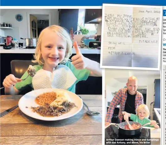  ??  ?? Arthur Dawson making mince and dumplings with dad Antony, and above, his letter