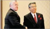  ??  ?? ISSEI KATO/REUTERS US Deputy Secretary of State John Sullivan (L) meets with his Japanese Vice Foreign Minister Shinsuke Sugiyama at the Foreign Ministry’s Iikura guesthouse in Tokyo, Japan, on October 17, 2017.