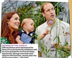  ??  ?? GEORGE OF THE JUNGLE Official photos were released of the little prince at a butterfly exhibition with his mum and dad for his first birthday. Apparently, George even took a few steps for the first time, shortly after the photos were taken – adorable!
