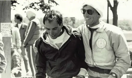  ??  ?? OPPOSITE LEFT Guru Sri Chinmoy, with Cherns, behind, in 1986 OPPOSITE RIGHT Cherns, at left, with Yiannis Kouros,right, after Kouros won the 1986 Sri Chinmoy 100-miler ABOVE Cherns, at right, at the 1986 Sri Chinmoy 1,000-mile race, with Stu Mittleman left RIGHT Cherns at the 1986 1,000-mile award ceremony, standing to the left of the trophy