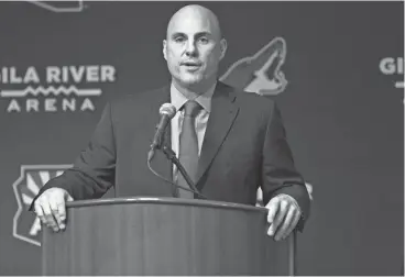  ?? SAM CARAVANA/ AZCENTRAL SPORTS ?? New Coyotes head coach Rick Tocchet speaks at his introducto­ry news conference at Gila River Arena in Glendale on July 13. Tocchet has been busy getting ready for the upcoming season and still has to have his day with the Stanley Cup, which he earned...