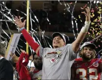  ?? DAVID J. PHILLIP - THE ASSOCIATED PRESS ?? Kansas City Chiefs’ Patrick Mahomes, left, and Tyrann Mathieu celebrate after defeating the San Francisco 49ers in the NFL Super Bowl 54football game Sunday, Feb. 2, 2020, in Miami Gardens, Fla.