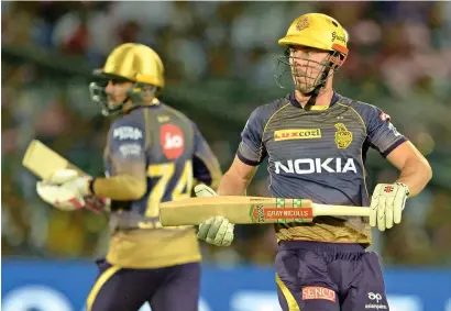  ?? AFP ?? KKR’s Chris Lynn (right) and Sunil Narine made mockery of the Rajasthan Royals’ total of 139. —