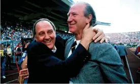  ?? Photograph: Ray McManus/Sportsfile/Getty ?? Jack Charlton, right, and assistant manager Maurice Setters celebrate after Republic of Ireland’s 1-0 defeat of England at Euro 88.