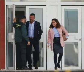  ??  ?? Former Catalan cabinet member Santi Vila, centre, walks out of prison after being released on bail in Estremera, Spain, yesterday. Photo: Reuters