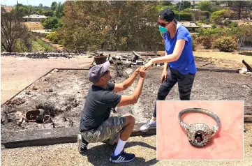  ??  ?? Ishu and Laura Rao return to the rubble of their home which they lost in a wildfire, to retrieve their wedding ring (inset), in Alameda, California. — Reuters photo