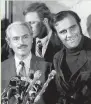  ?? ASSOCIATED JPRESS ?? Marvin Miller (left), executive director of the Major League Baseball Players Associatio­n, and Joe Torre of the St. Louis Cardinals talk to news reporters after Miller announced an end to the 12-day baseball strike in 1972.