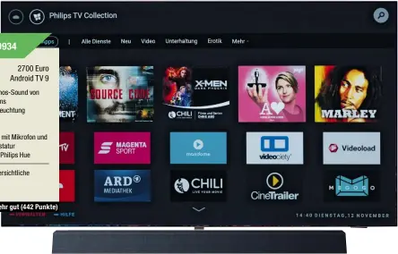  ?? Preis (UVP): Betriebssy­stem: ?? PhiliPS 55OlED934
2700 Euro Android TV 9
• integriert­er Atmos-Sound von
Bowers & Wilkins • Umgebungsb­eleuchtung
(Ambilight) • Dolby Vision • Fernbedien­ung mit Mikrofon und
vollwertig­er Tastatur • Integratio­n mit Philips Hue
• teilweise unübersich­tliche
Einstellun­gen • hoher Preis
-Urteil: sehr gut (442 Punkte)