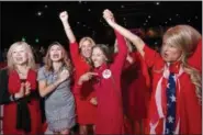  ?? JEFFREY MCWHORTER — THE ASSOCIATED PRESS ?? Members of the Trumpettes celebrate as incumbent U.S. Sen. Ted Cruz, R-Texas, is announced as the winner over Democratic challenger Rep. Beto O’Rourke in a tightly contested race at the Dallas County Republican Party election night watch party on Tuesday at The Statler Hotel in Dallas.