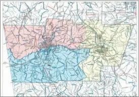  ??  ?? The above map provided by Polk County shows the three different districts for the County Commission. District 1 is marked inin red, 2 blue and 3 in beige.