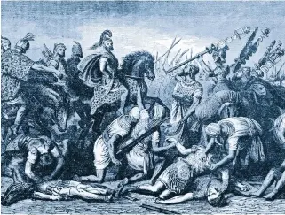  ??  ?? Carthagini­an troops plunder the Roman dead after Cannae. The battle marked the third humiliatin­g defeat that Hannibal inflicted on the Romans