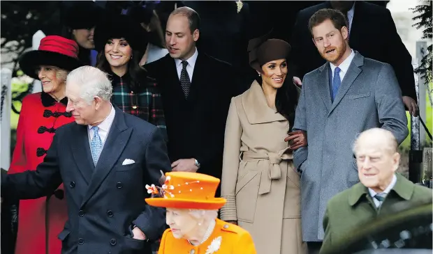  ?? ALASTAIR GRANT / THE ASSOCIATED PRESS ?? Meghan Markle didn’t have to wait long to be welcomed into the royal household, attending church with the family at Christmas in Sandringha­m. It took years for Kate, the Duchess of Cambridge, to receive such an invitation.