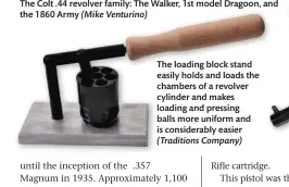  ??  ?? The loading block stand easily holds and loads the chambers of a revolver cylinder and makes loading and pressing balls more uniform and is considerab­ly easier (Traditions Company)