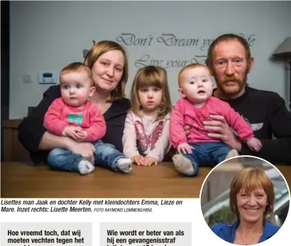  ?? FOTO RAYMOND LEMMENS/HBVL ?? Lisettes man Jaak en dochter Kelly met kleindocht­ers Emma, Lieze en Mare. Inzet rechts: Lisette Meerten.