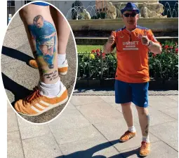  ?? ?? Tam admits he had to pay ‘through the nose’ to see his beloved Rangers in Seville, and inset, his Davie Cooper tattoo