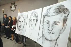 ?? Rich Pedroncell­i / Associated Press 2016 ?? Police drawings of a suspected serial rapist/ killer are displayed in 2016 at a news conference concerning the cold case investigat­ion of the “East Area Rapist” believed to have committed at least 45 rapes and 12 homicides across California during...