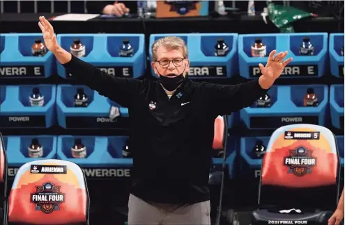  ?? Morry Gash / Associated Press ?? UConn coach Geno Auriemma reacts on the sideline during the first half of the Final Four game against Arizona during the NCAA tournament on Friday at the Alamodome in San Antonio.