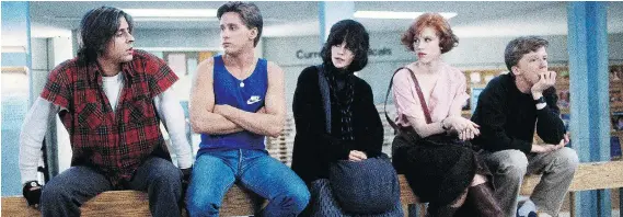  ??  ?? The Breakfast Club works hard to break down stereotype­s and by the end, the kids are all right — starring Judd Nelson, left, Emilio Estevez, Ally Sheedy, Molly Ringwald and Anthony Michael Hall.