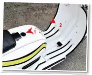  ??  ?? If a throttle cable has snapped, the best exit point from the frame shell is the air scoop hole (number 1). The point to make a loop for foot control is best on the left-hand side of the legshields (number 2).