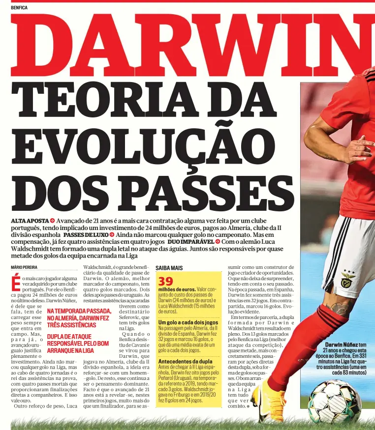  ??  ?? BENFICA Darwin Núñez tem 21 anos e chegou esta época ao Benfica. Em 331 minutos na Liga fez quatro assistênci­as (uma em cada 83 minutos)