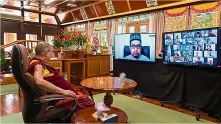  ?? — Photo: dalailama.com ?? Talking values: The Dalai Lama took part in the online forum from his residence in Dharamshal­a, Himachal Pradesh, India.