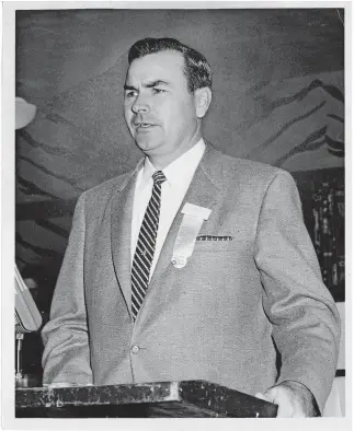  ?? [PROVIDED/AMERICAN FARMERS & RANCHERS/OKLAHOMA FARMERS UNION] ?? George W. Stone addresses participan­ts at the Oklahoma Farmers Union state convention in 1959.