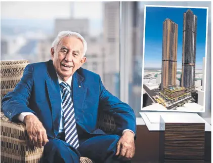  ?? ?? Meriton Apartments managing director Harry Triguboff. Inset: Artist’s impression of Triguboff’s towers developmen­t in Surfers Paradise.