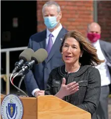  ?? STuART CAHILL / HeRALd sTAFF FILe ?? NOT WAITING? Lt. Gov. Karyn Polito speaks in Quincy on Wednesday with Gov. Charlie Baker. With Baker not saying whether he’ll run again, some say Polito’s purchase of a house in Dartmouth is the first step in challengin­g U.S. Rep. William Keating.