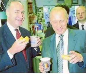  ??  ?? Donald Trump wants ‘‘an immediate investigat­ion’’ into Senate Minority Leader Charles Schumer’s ties to Russian President Vladimir Putin, based on this 2003 photo of them together in New York City.