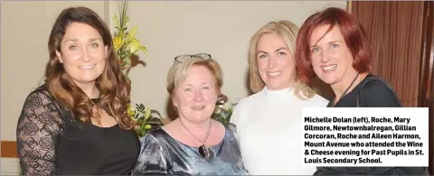  ??  ?? Michelle Dolan (left), Roche, Mary Gilmore, Newtownbal­regan, Gillian Corcoran, Roche and Aileen Harmon, Mount Avenue who attended the Wine & Cheese evening for Past Pupils in St. Louis Secondary School.