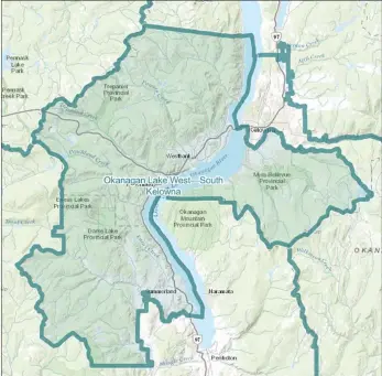  ?? ?? Electoral Boundaries Commission
Okanagan Lake West-South Kelowna is the proposed new federal riding that will include West Kelowna, Peachland and a good chunk of the City of Kelowna.