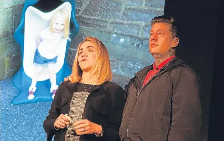  ?? Picture: Paul Smith. ?? Sara and Steven Edwards delivered an emotional speech to 1,000 pupils at the Reid Hall in Forfar yesterday.