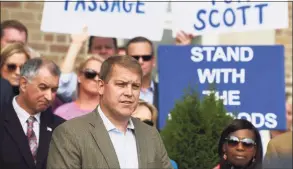  ?? Tyler Sizemore / Hearst Connecticu­t Media ?? Scott Hapgood of Darien speaks at Town Hall in Darien on Oct. 28, 2019, as U.S. Sen. Richard Blumenthal, D-Conn., and the town show support for him in his manslaught­er charge from a family vacation in Anguilla.