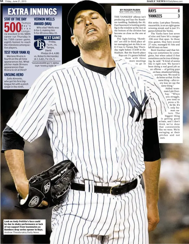  ?? Andrew Theodoraki­s/Daily News ?? Look on Andy Pettitte’s face could be due to shaky performanc­e or lack of run support from teammates as Bombers drop series opener to Rays.