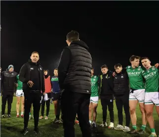  ?? ?? Kieran Donnelly speaks to his squad after the Cavan win as attention now turns to the Uister championsh­ip.