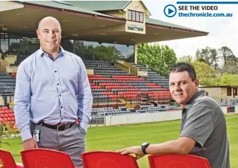  ?? Photo: Nev Madsen ?? IN CHARGE: South West Queensland Thunder vice chairman Jason Hall (left) chats with new technical director and senior men’s coach Thiago Kosloski.